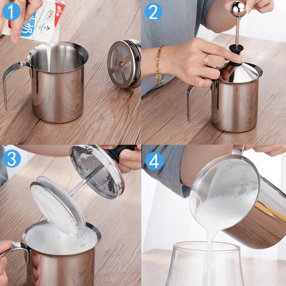 Stainless Steel Double Mesh Milk Creamer Milk Foam Mesh Coffee Foamer Manual Milk Frother Kitchen Tools 400/800ML