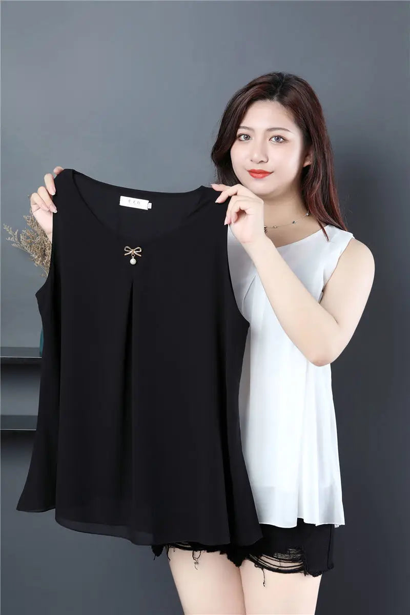Obesity Women Chiffon Shirt 2025 New Summer Sleeveless O-neck Blouse Casual Solid White/Red Loose Oversized Female Tops