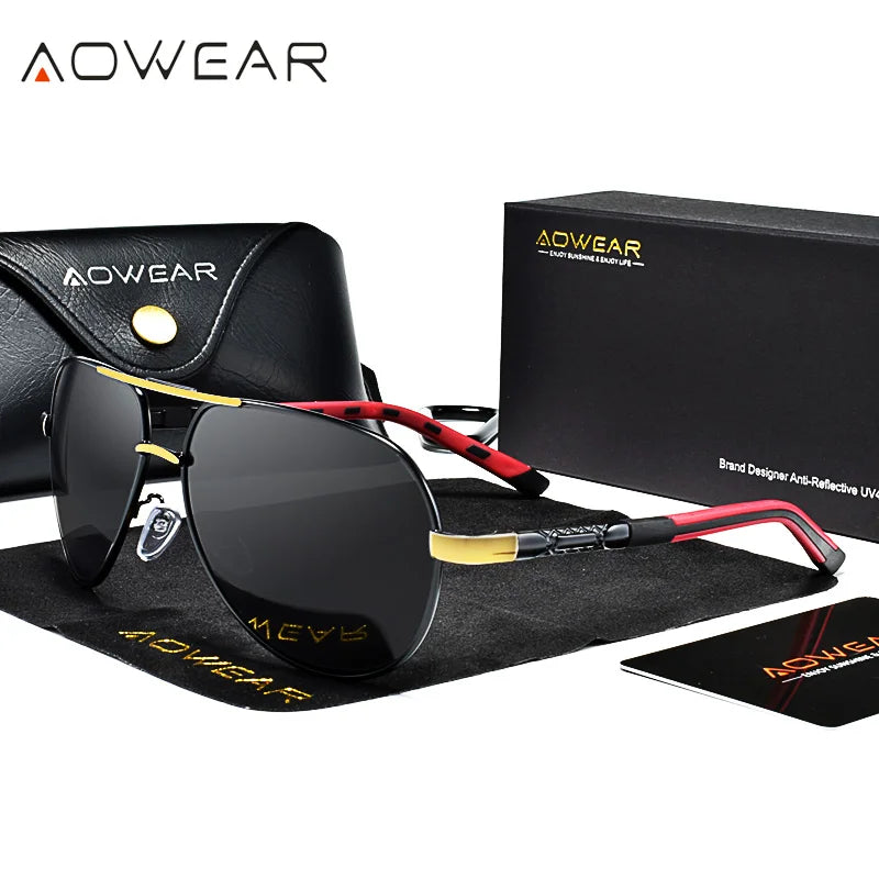 AOWEAR Aviation Luxury Sunglasses Men Polarized Oversized Driving Mirror Glasses Male Brand Designer Retro Eyewear with Case
