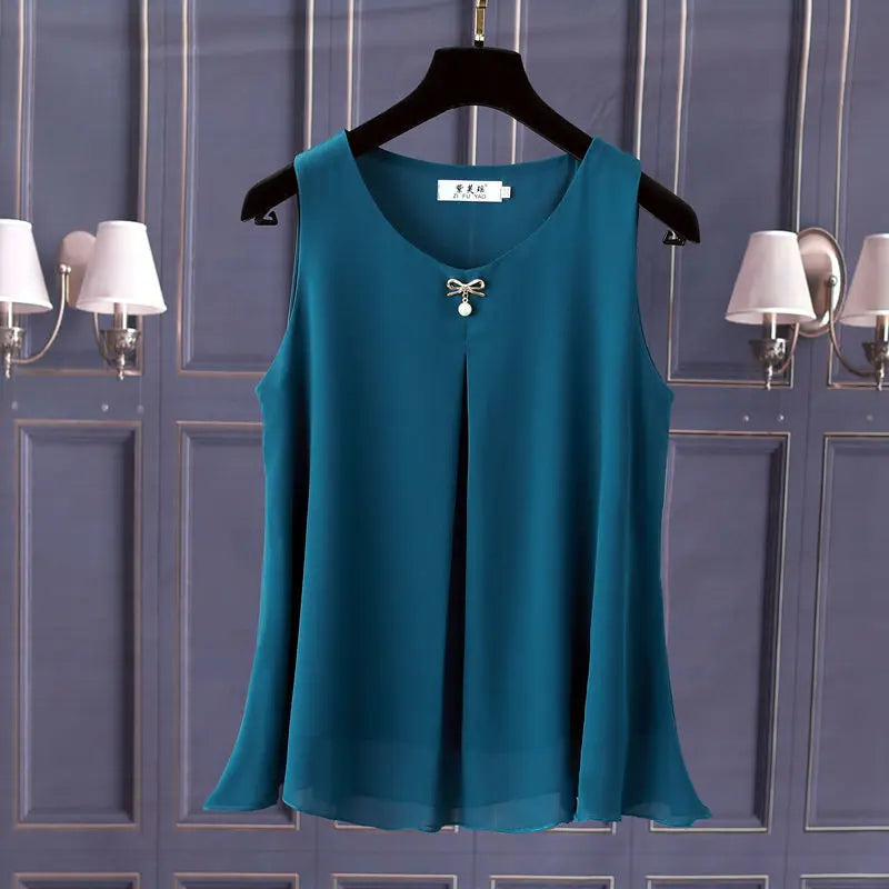 Obesity Women Chiffon Shirt 2025 New Summer Sleeveless O-neck Blouse Casual Solid White/Red Loose Oversized Female Tops