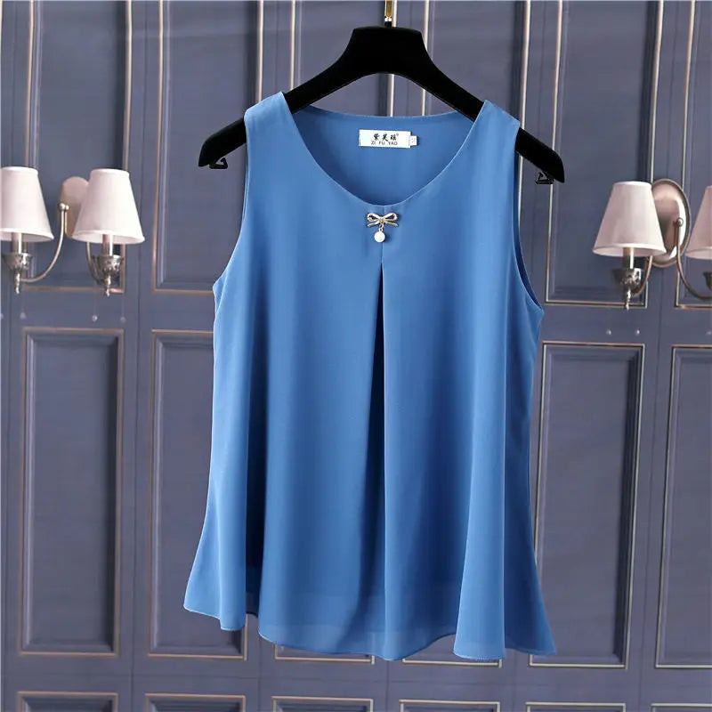 Obesity Women Chiffon Shirt 2025 New Summer Sleeveless O-neck Blouse Casual Solid White/Red Loose Oversized Female Tops
