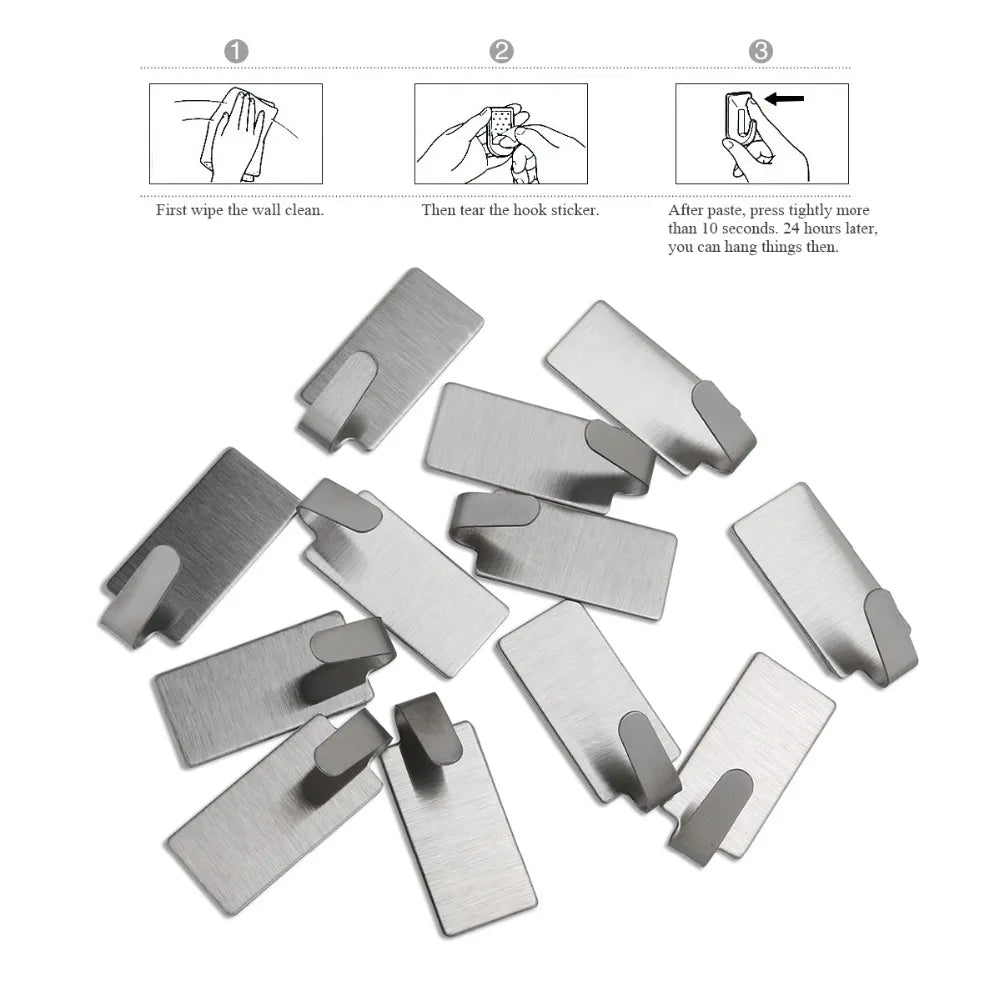 12pcs Strong Self Adhesive Stainless Steel Towel Mop Hooks Hat Hangers For Hanging Kitchen Bedroom Bathroom