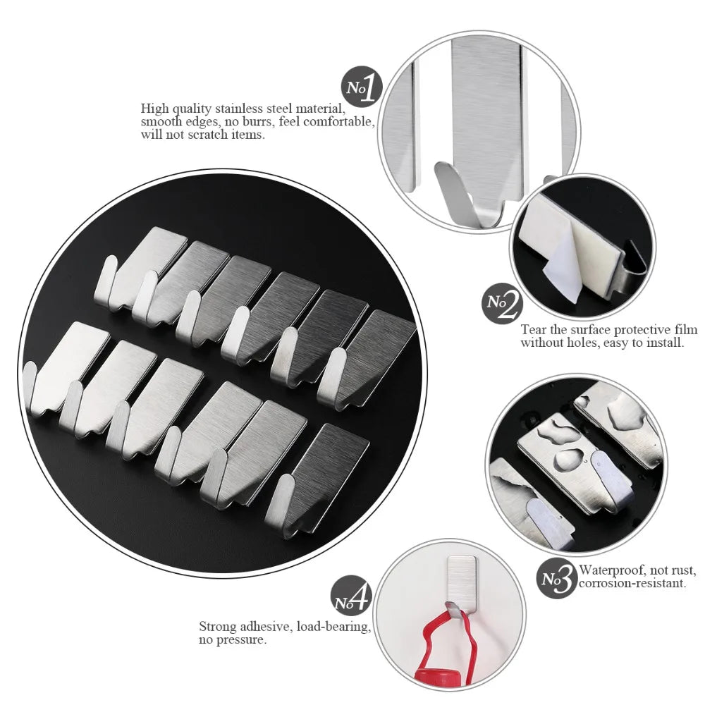 12pcs Strong Self Adhesive Stainless Steel Towel Mop Hooks Hat Hangers For Hanging Kitchen Bedroom Bathroom