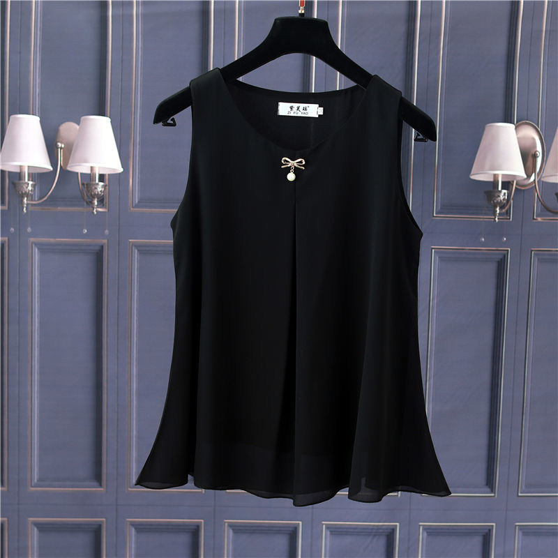 Obesity Women Chiffon Shirt 2025 New Summer Sleeveless O-neck Blouse Casual Solid White/Red Loose Oversized Female Tops