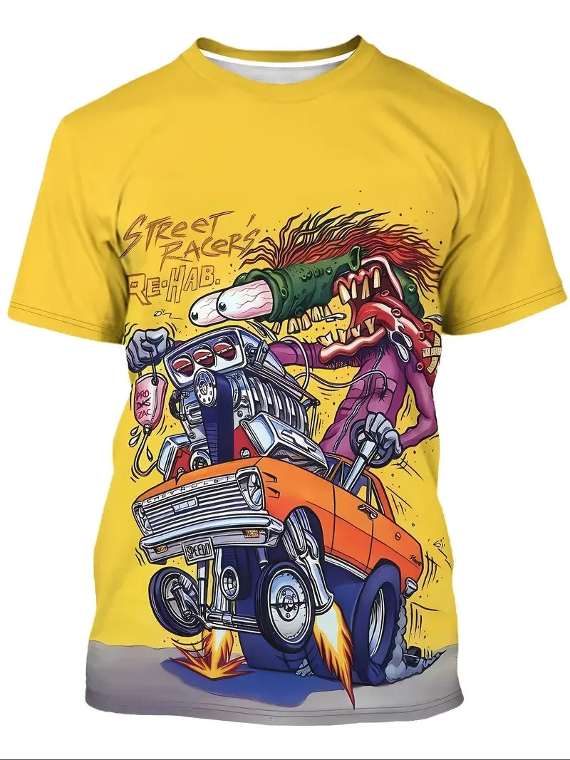Funny Men's T-shirt Summer Outdoor Round Neck Short Sleeve Top Cartoon Print Street Loose T-shirt Men's Oversized Clothing