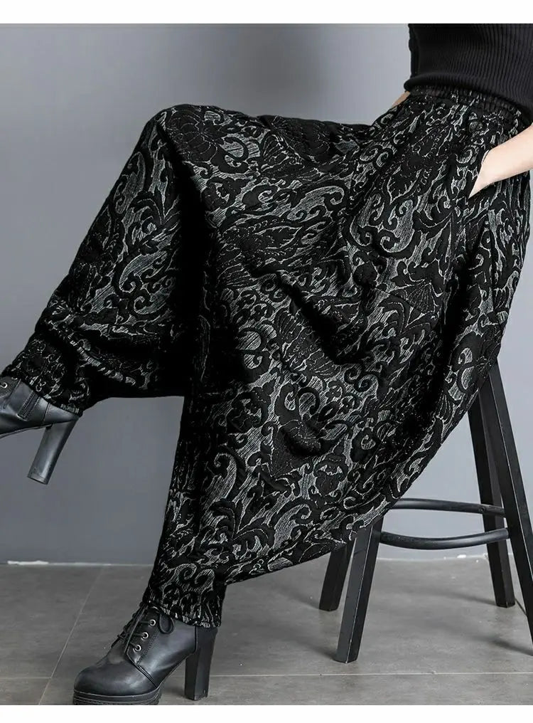 New Draping winter Jacquard Bloomers Women Casual Loose High Waist Vintage Wide Leg Harlan Pants Oversized Mom Pants trousers