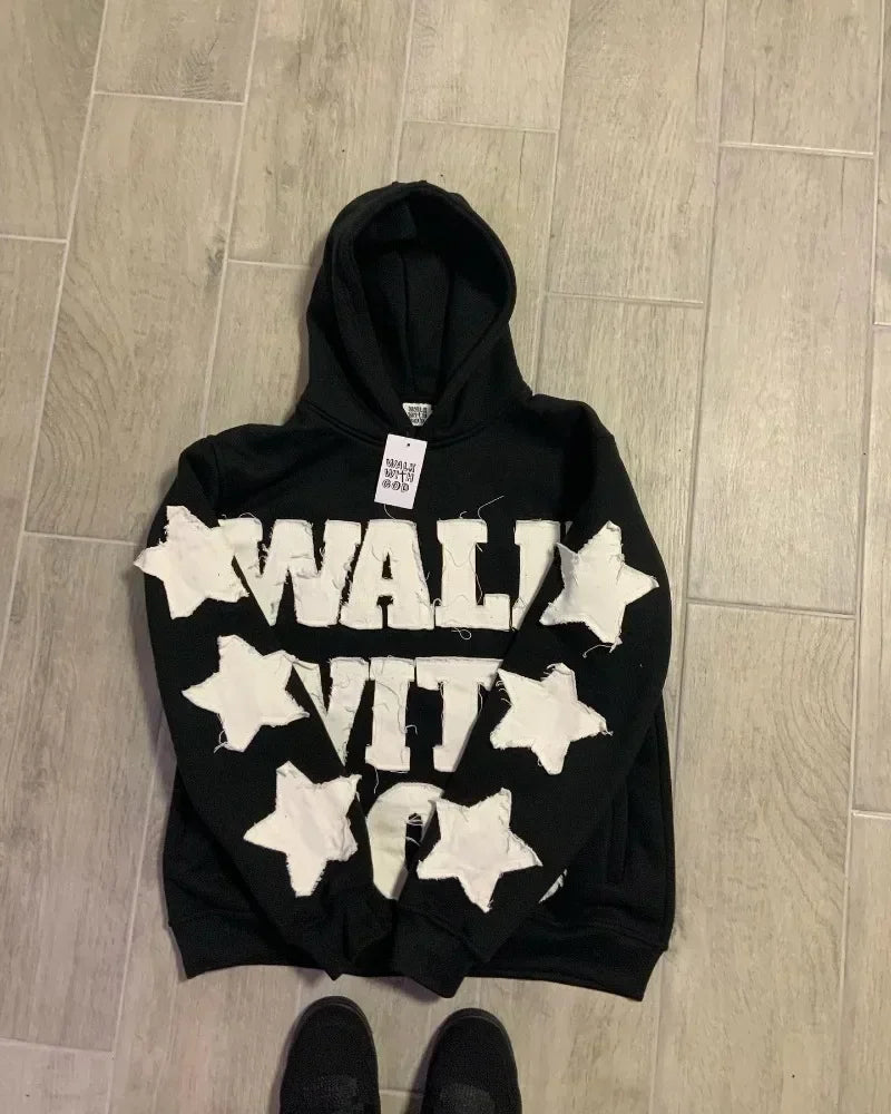 Y2K new Harajuku fashion star patch embroidery oversized hoodie women's Gothic hip-hop loose casual sports hoodie street wear