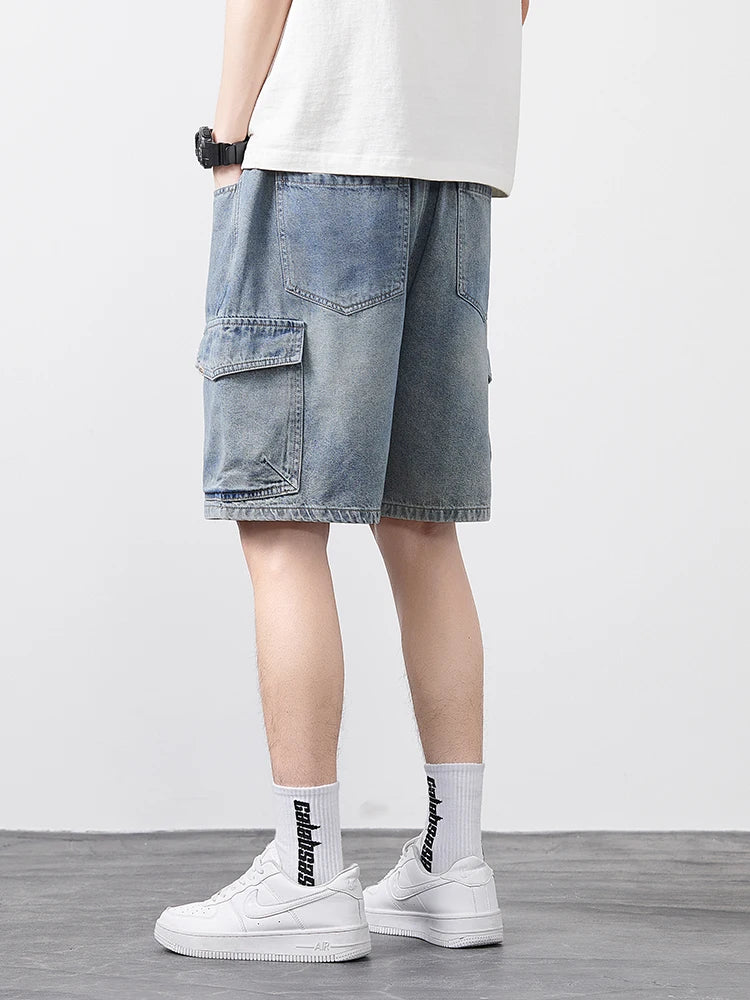 Men's Oversized Denim Shorts Summer Anti-Chafing Mid Waist Stretch Cargo Shorts Youth Hip Hop Beach Streetwear Sizes M-5XL