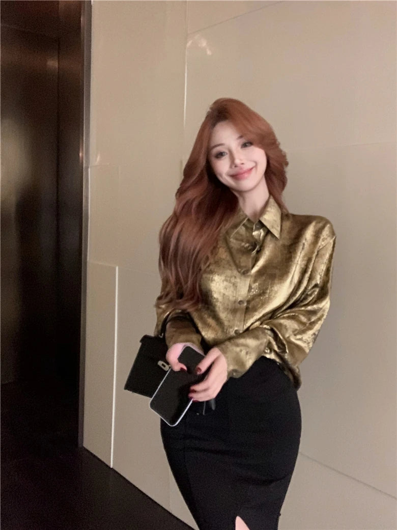 ADAgirl Y2k Golden Color Shirt Female Long Sleeve Luxury Elegant Blouse Women Button Up Oversized Casual Spring Autumn Top Chic