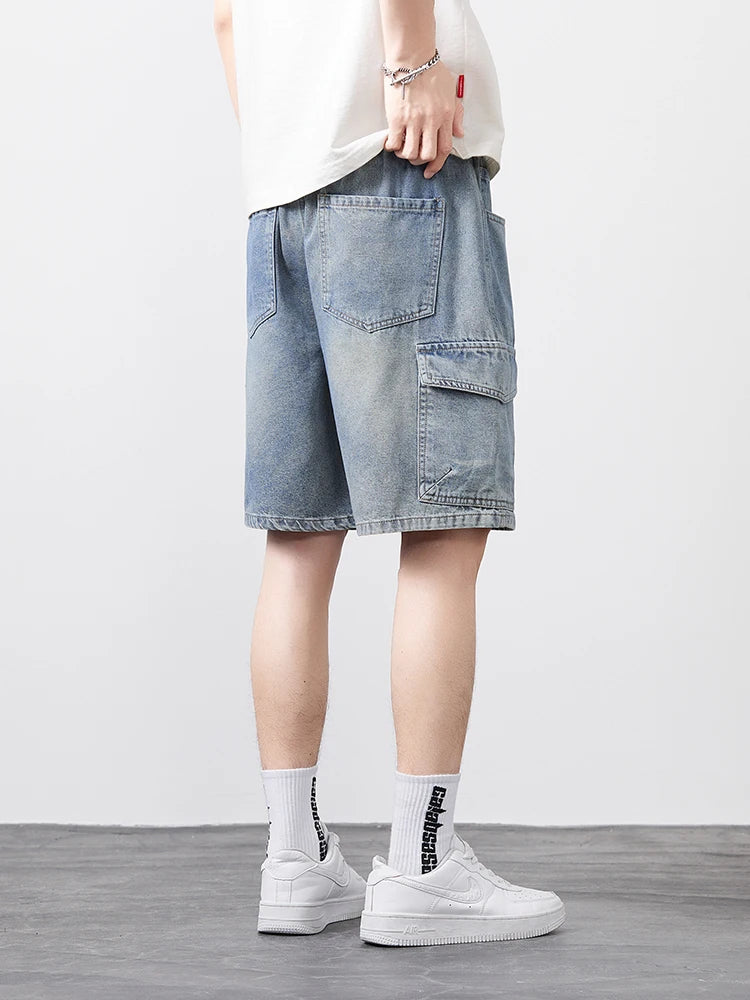 Men's Oversized Denim Shorts Summer Anti-Chafing Mid Waist Stretch Cargo Shorts Youth Hip Hop Beach Streetwear Sizes M-5XL