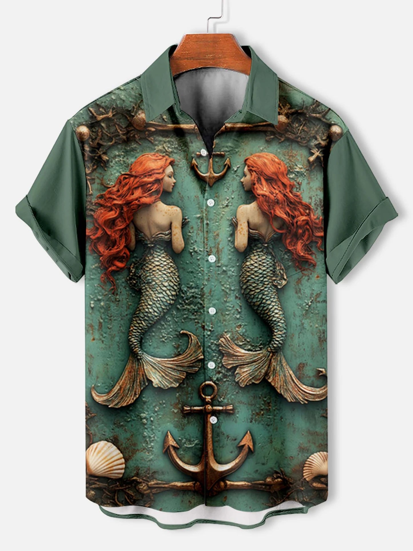 Retro Mermaid Pattern Men's Shirt Short Sleeve Shirts Button Down Lapel Shirts Oversized Tops Casual Hawaiian Shirt for Men