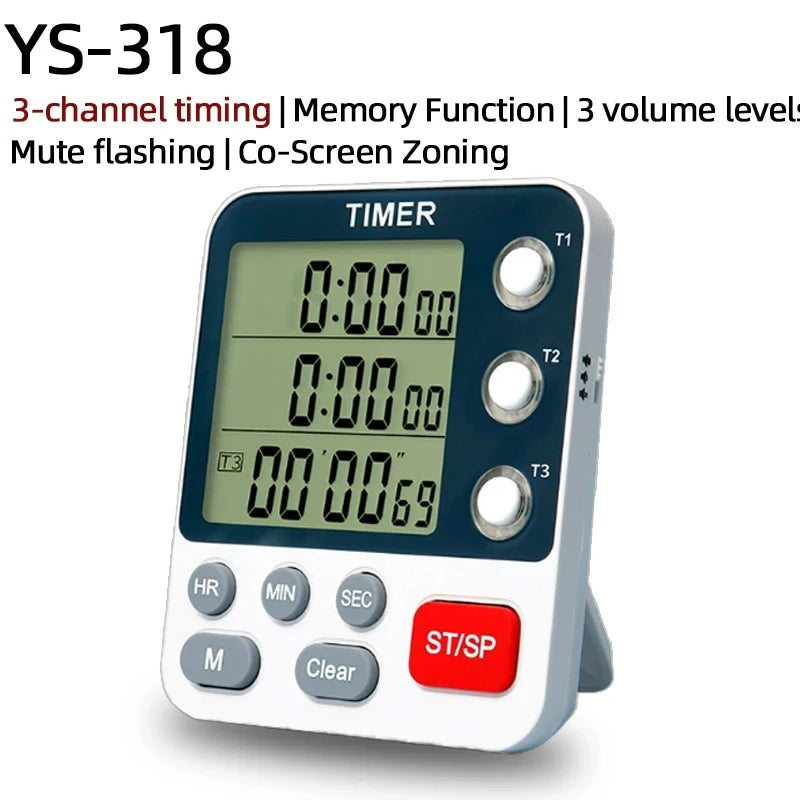 Digital Kitchen Timer 3 Channels Count UP/Down Timer 3 Levels Volume Alarm Clock LCD Display Mute Flashing Timer for Studying
