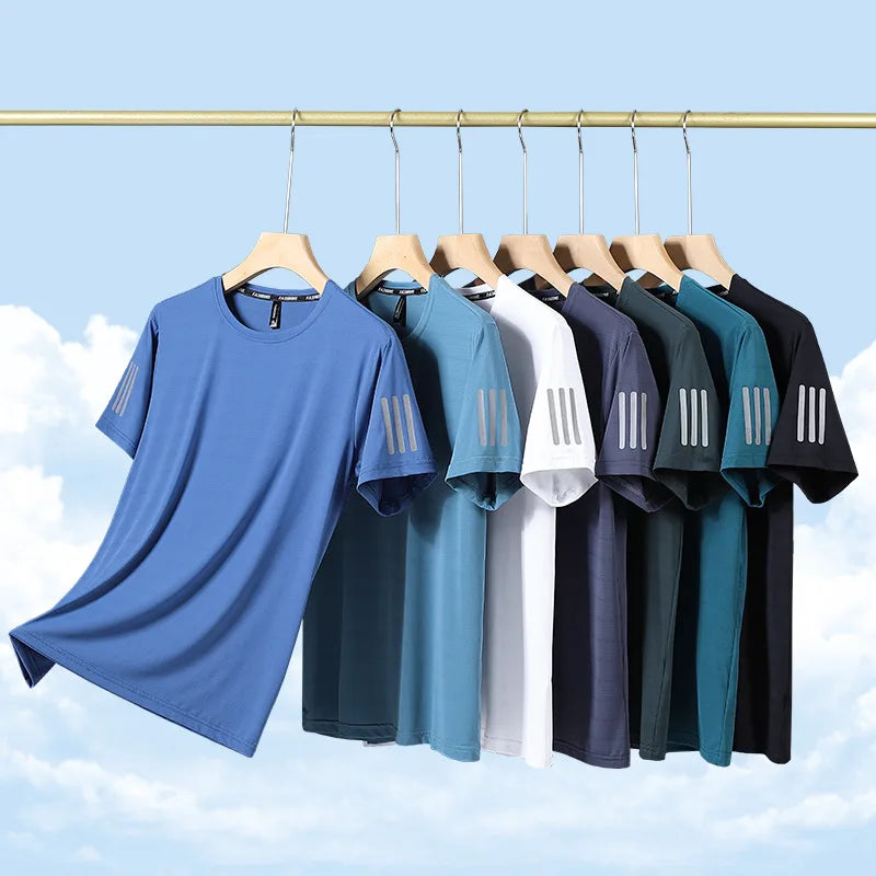 Summer Thin Ice Silk T-Shirt For Men Crew Neck Short Sleeve Casual Soft Fitness Tops Plain Oversized Tees