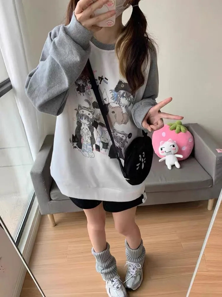 Cotton Cat Print Hoodies Women Streetwear Chic Long Sleeve Sweatshirts Casual Korean Oversized Hoodie Y2k Tops 2025 Ropa Mujer