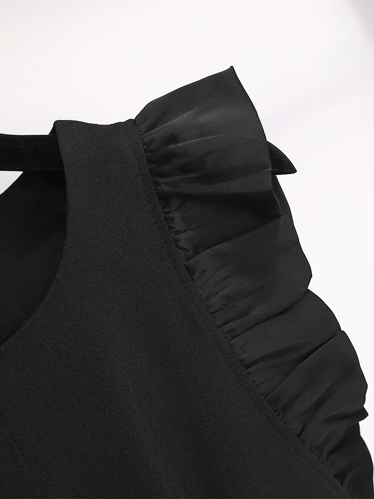 Summer Oversized luxury Temperament Jumpsuit Women Summer Fashion Ruffles Sleeveless Elegant Black Bodysuit Solid With Belt