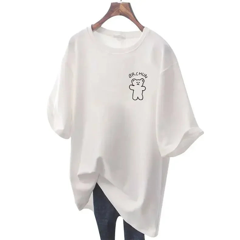 Women's casual loose oversized T-shirt, basic cartoon short sleeved top, 100 cotton, M-6XL elegant sweater