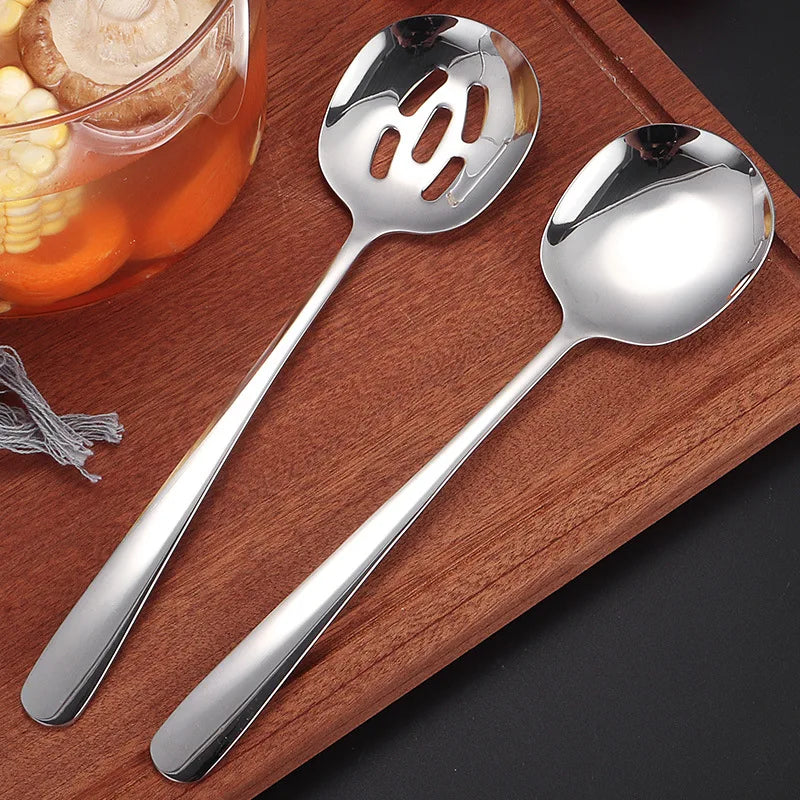 Silver Kitchen Stainless Steel Serving Spoon Long Handle Food Shovel Buffet Salad Colander Creative Hollow Home Tableware
