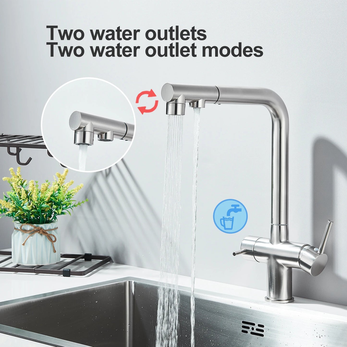 Chrome Black Filter Pull Out Kitchen Faucet Deck Mount 360 Degree Rotation Purified Tapware Cold Hot Crane Tap Dual Spouts Drink