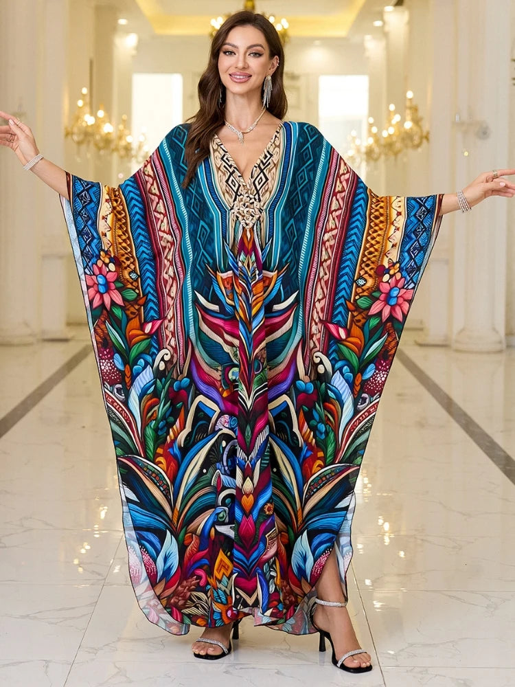 Kaftan Dresses for Women Wave Neck Swimsuit Cover Up Caftan Dress Plus Size Oversized Long Beach Dress
