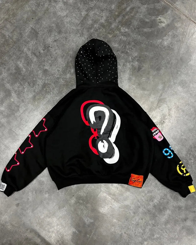 American Trendy Brands High Street Loose Casual Cartoon Printed Zipper Hoodie Men Y2k Hip-hop Rock Oversized Sweatshirt Women