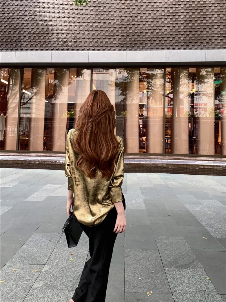 ADAgirl Y2k Golden Color Shirt Female Long Sleeve Luxury Elegant Blouse Women Button Up Oversized Casual Spring Autumn Top Chic