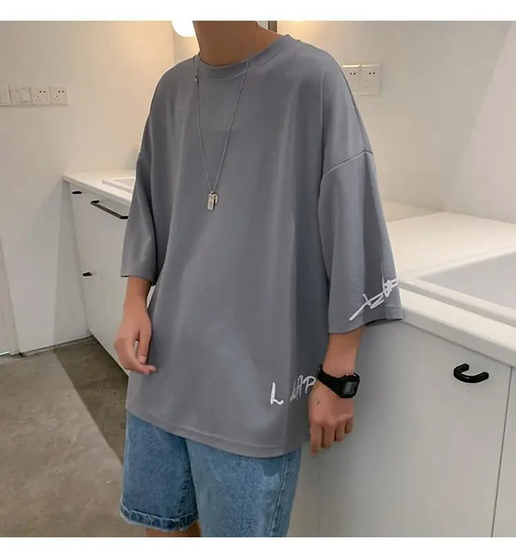 Fashion Solid Color Printed Asymmetrical T-Shirt Men Clothing 2023 Spring New Oversized Casual Pullovers Loose Korean Tee Shirt