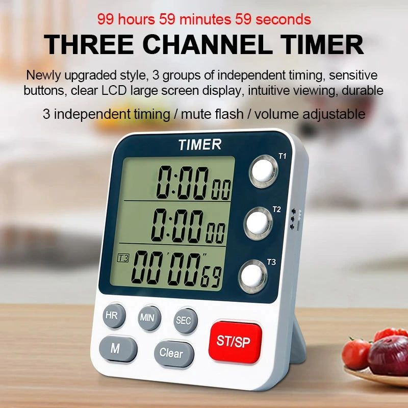 Digital Kitchen Timer 3 Channels Count UP/Down Timer 3 Levels Volume Alarm Clock LCD Display Mute Flashing Timer for Studying