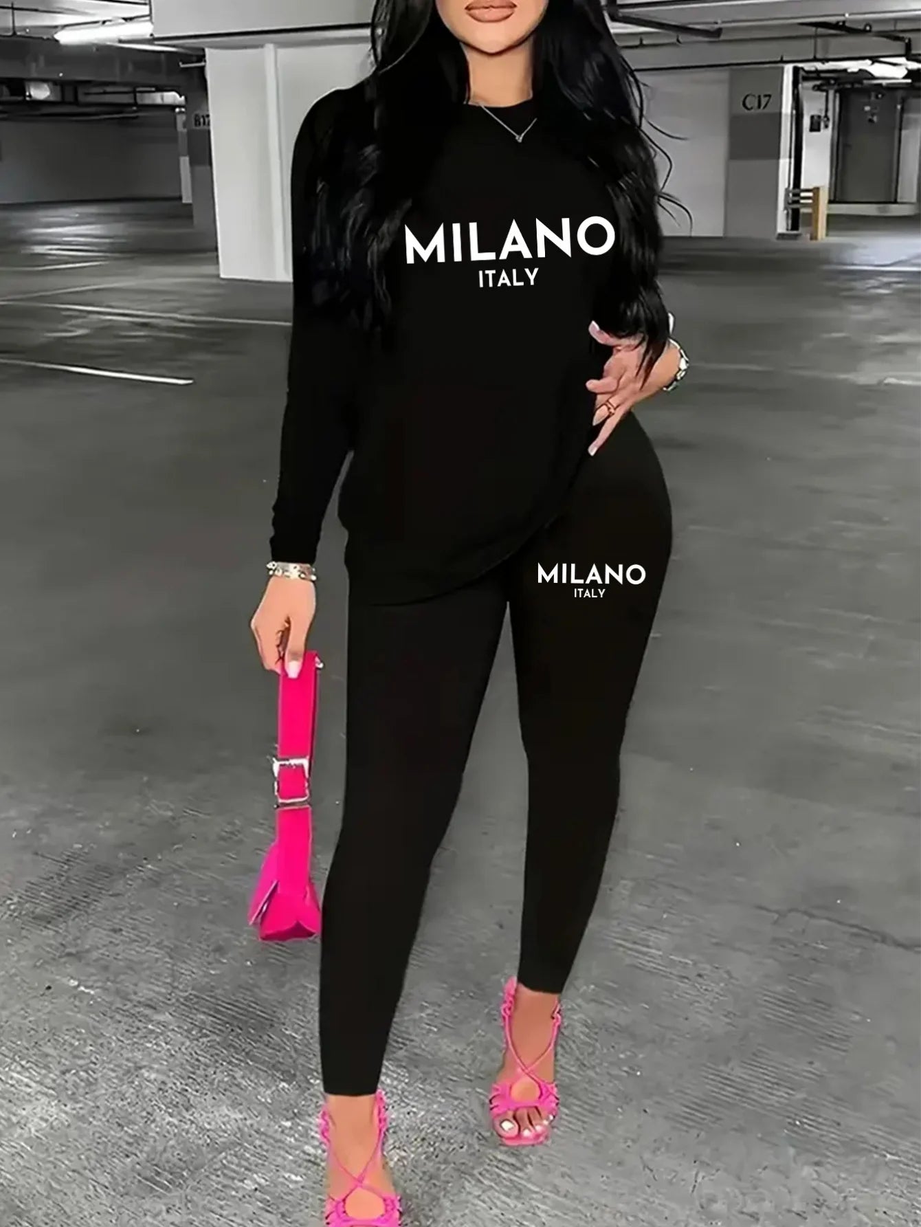 MILANO Print black tshirt Women's oversized PARIS printed round neck long sleeved T-shirt+long pant two-piece set