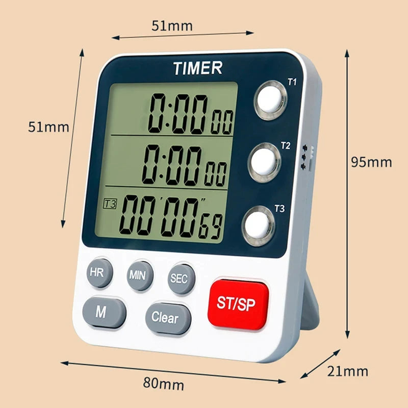 Digital Kitchen Timer 3 Channels Count UP/Down Timer 3 Levels Volume Alarm Clock LCD Display Mute Flashing Timer for Studying