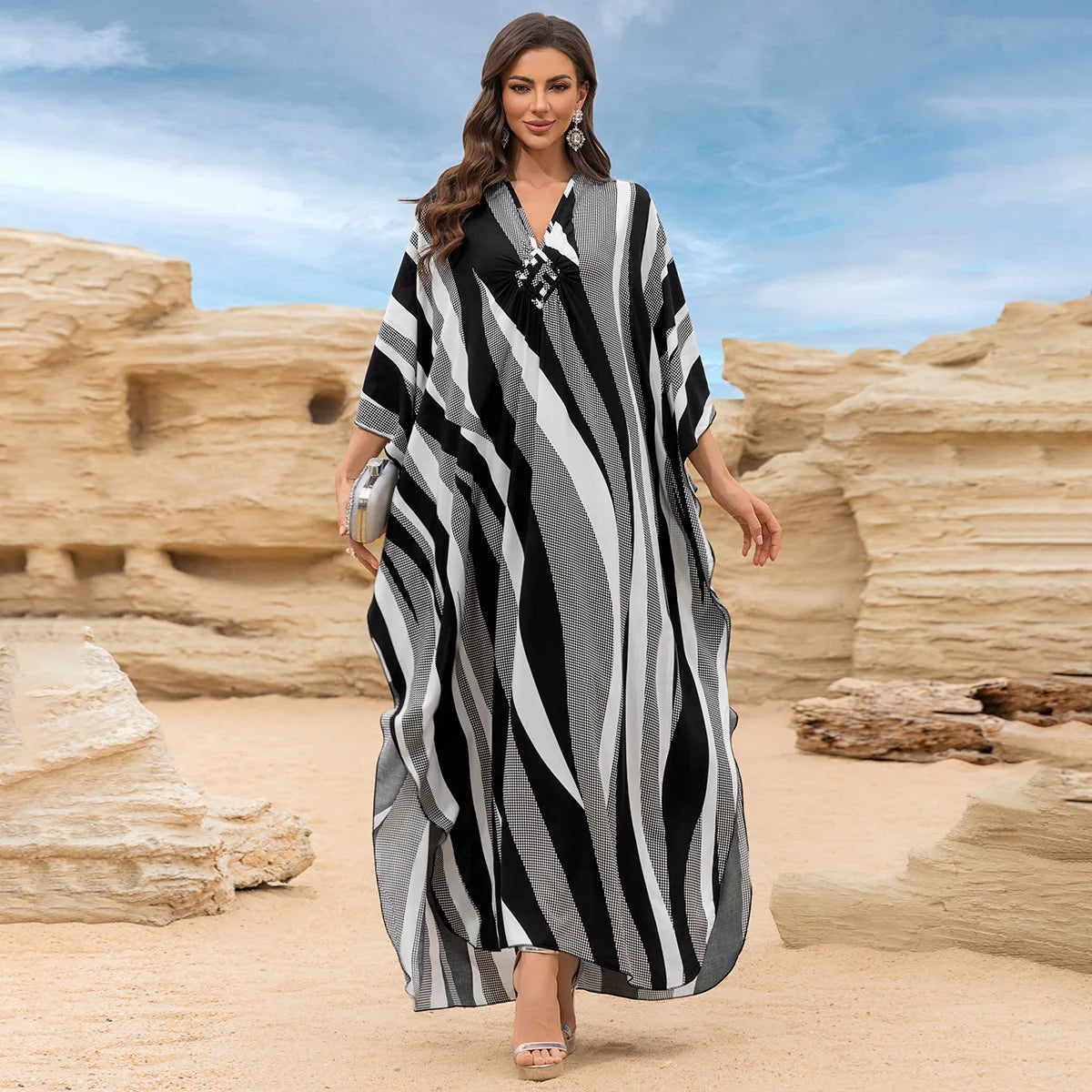 Kaftan Dresses for Women Wave Neck Swimsuit Cover Up Caftan Dress Plus Size Oversized Long Beach Dress