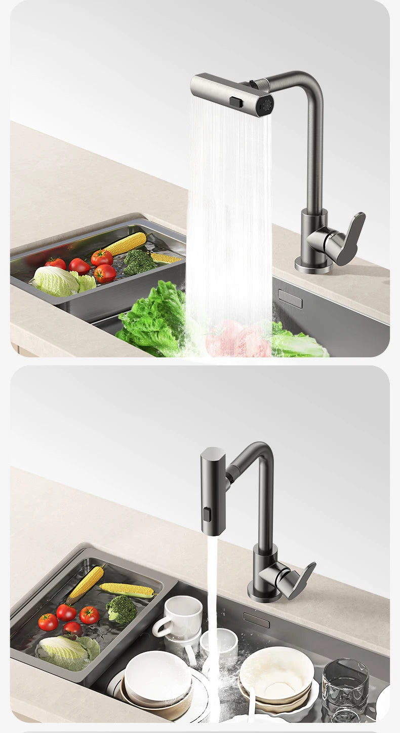Gray Kitchen Faucets Pull Out Rotation Waterfall Stream Sprayer Head Hot -Cold Water Faucet Wash Basin Rotation Water Tap