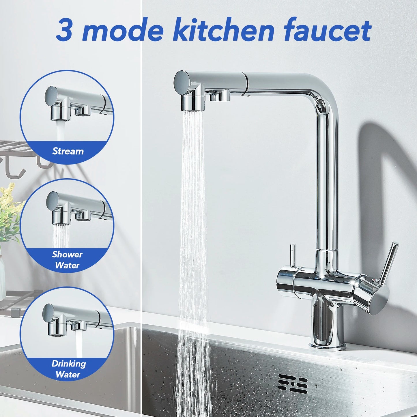 Chrome Black Filter Pull Out Kitchen Faucet Deck Mount 360 Degree Rotation Purified Tapware Cold Hot Crane Tap Dual Spouts Drink