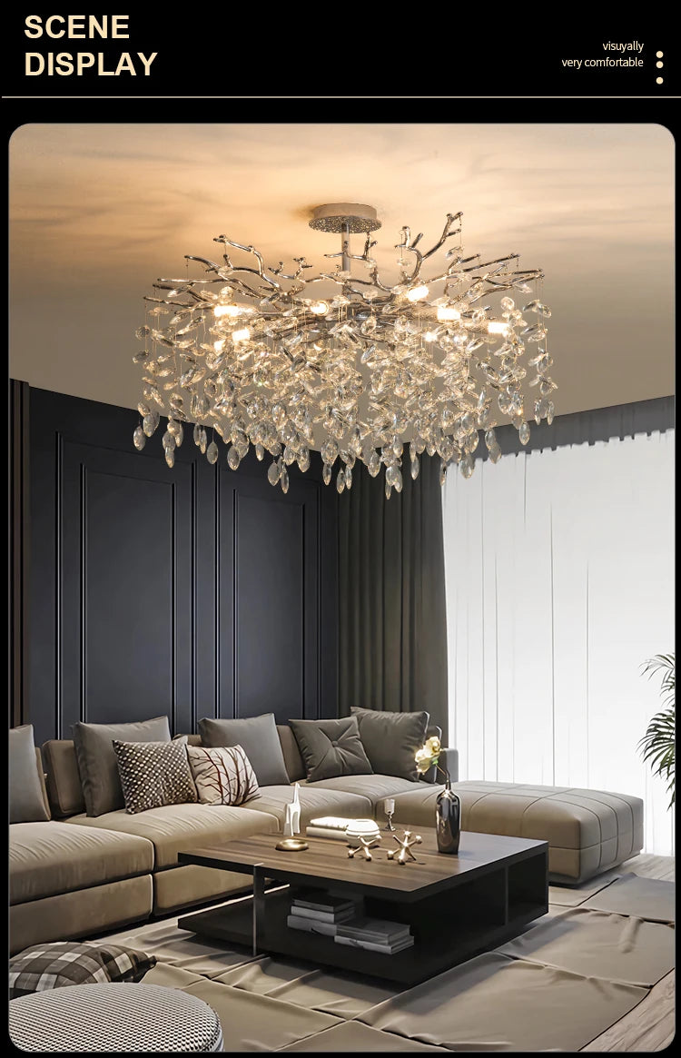 Round Chrome K9 Crystal Ceiling Chandelier For Bedroom Living Dining Room Kitchen Table Modern Crystal Branch Pendant Chandelier