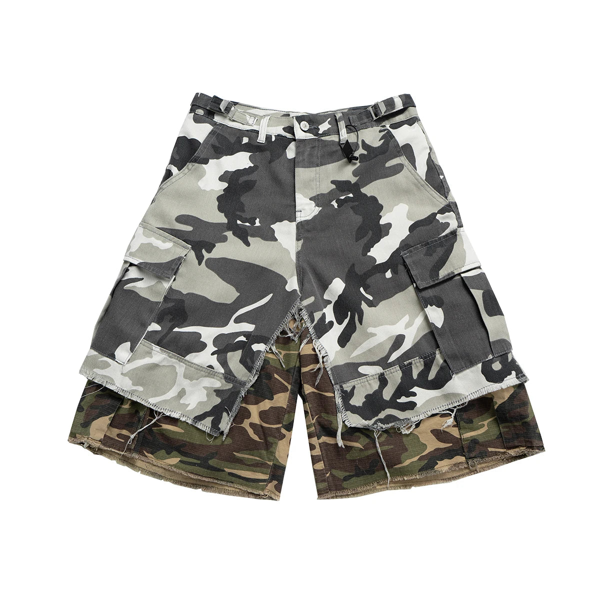 Fake Two Piece Spliced Camouflage Cargo Shorts for Men Wide Leg Patchwork Baggy Over Knee Length Pants Oversized Loose Short