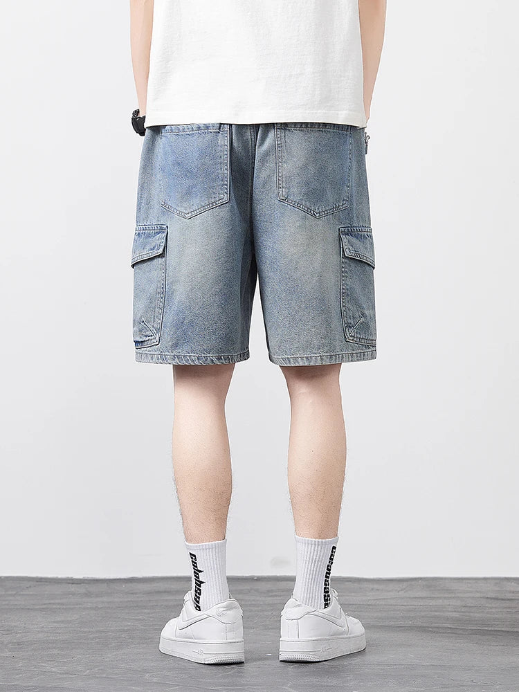Men's Oversized Denim Shorts Summer Anti-Chafing Mid Waist Stretch Cargo Shorts Youth Hip Hop Beach Streetwear Sizes M-5XL
