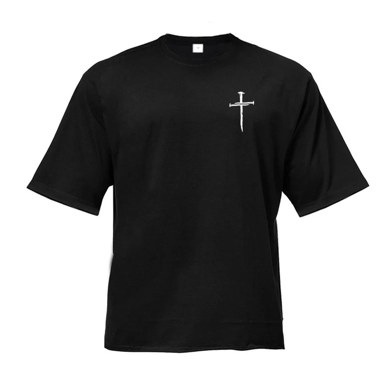 Personalized Cross Print Mens Fitness T-shirts Oversized Loose Short Sleeve Cotton Breathable Shirt Gym Bodybuilding Muscle Tops