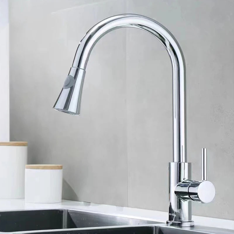 Black/Matte White Kitchen Faucet Single Hole Pull Out Stream Sprayer Head Sink Mixer Tap Deck Mounted Cold Hot Water Chrome Tap