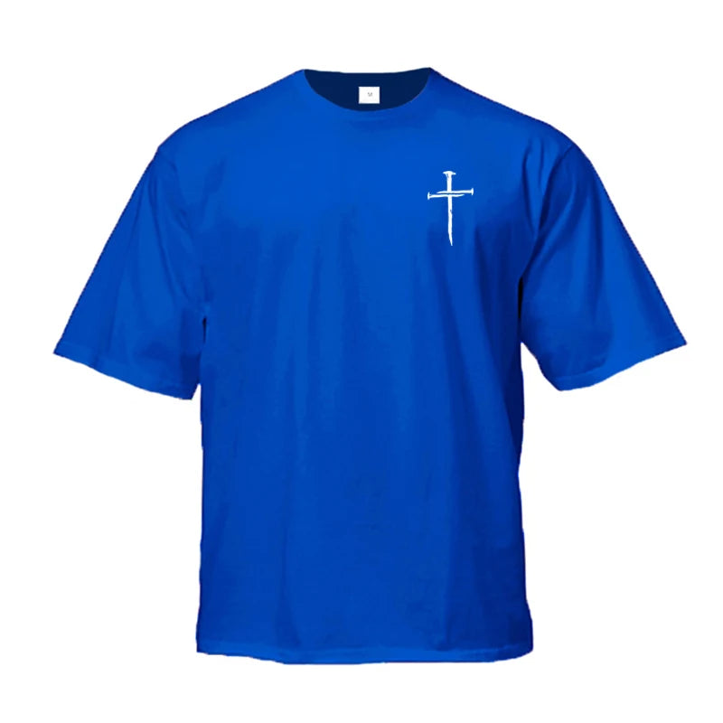 Personalized Cross Print Mens Fitness T-shirts Oversized Loose Short Sleeve Cotton Breathable Shirt Gym Bodybuilding Muscle Tops