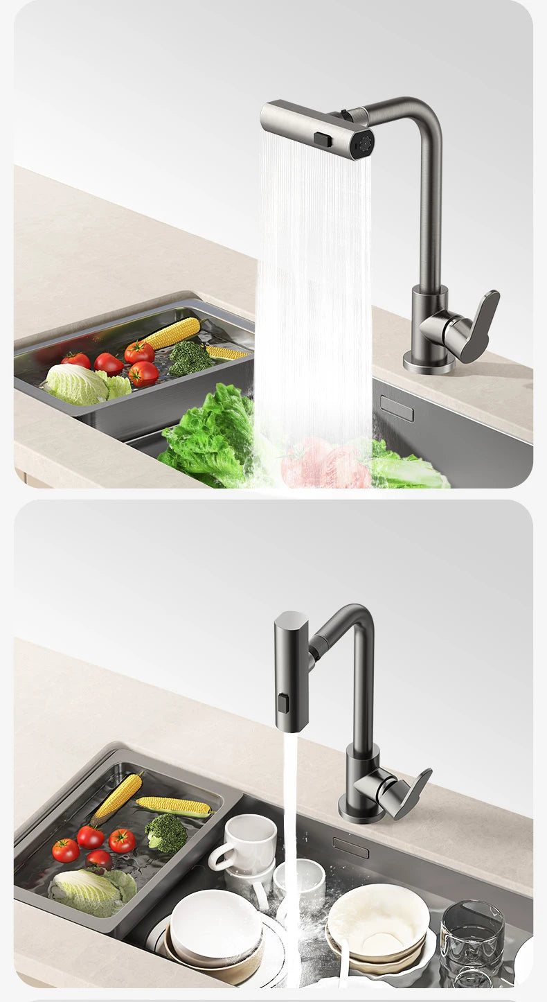 Gray Kitchen Faucets Pull Out Rotation Waterfall Stream Sprayer Head Hot -Cold Water Faucet Wash Basin Rotation Water Tap