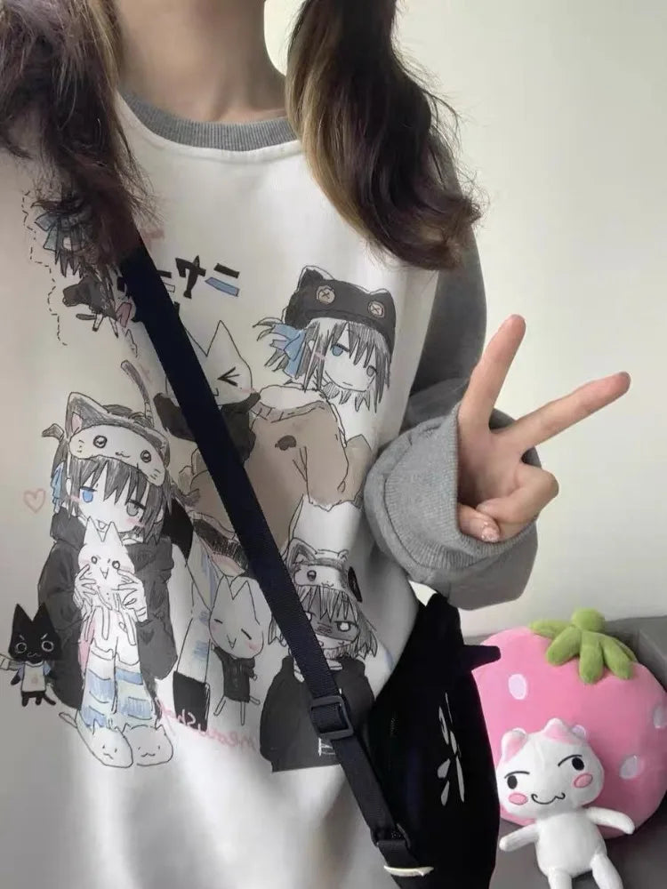 Cotton Cat Print Hoodies Women Streetwear Chic Long Sleeve Sweatshirts Casual Korean Oversized Hoodie Y2k Tops 2025 Ropa Mujer