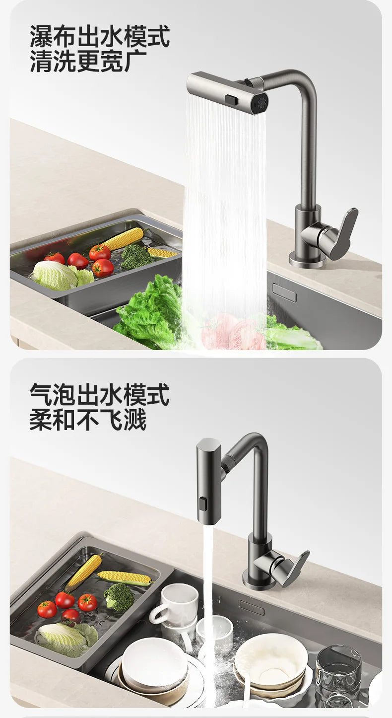 Gray Kitchen Faucets Pull Out Rotation Waterfall Stream Sprayer Head Hot -Cold Water Faucet Wash Basin Rotation Water Tap