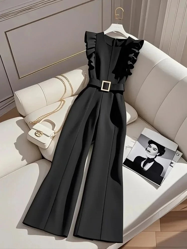 Summer Oversized luxury Temperament Jumpsuit Women Summer Fashion Ruffles Sleeveless Elegant Black Bodysuit Solid With Belt