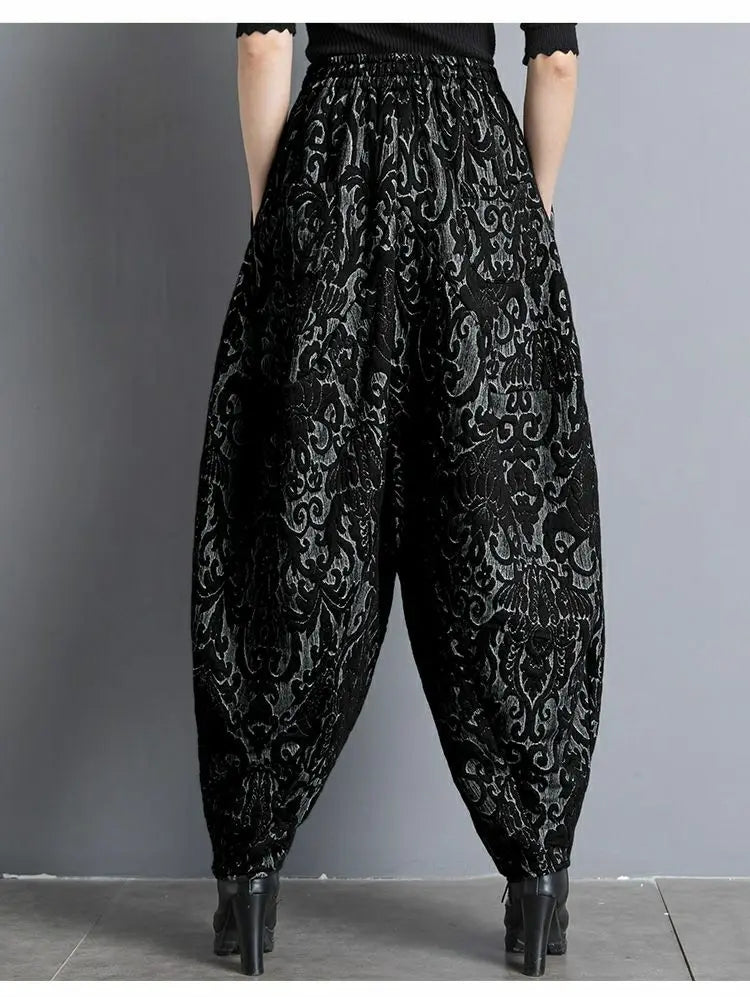 New Draping winter Jacquard Bloomers Women Casual Loose High Waist Vintage Wide Leg Harlan Pants Oversized Mom Pants trousers