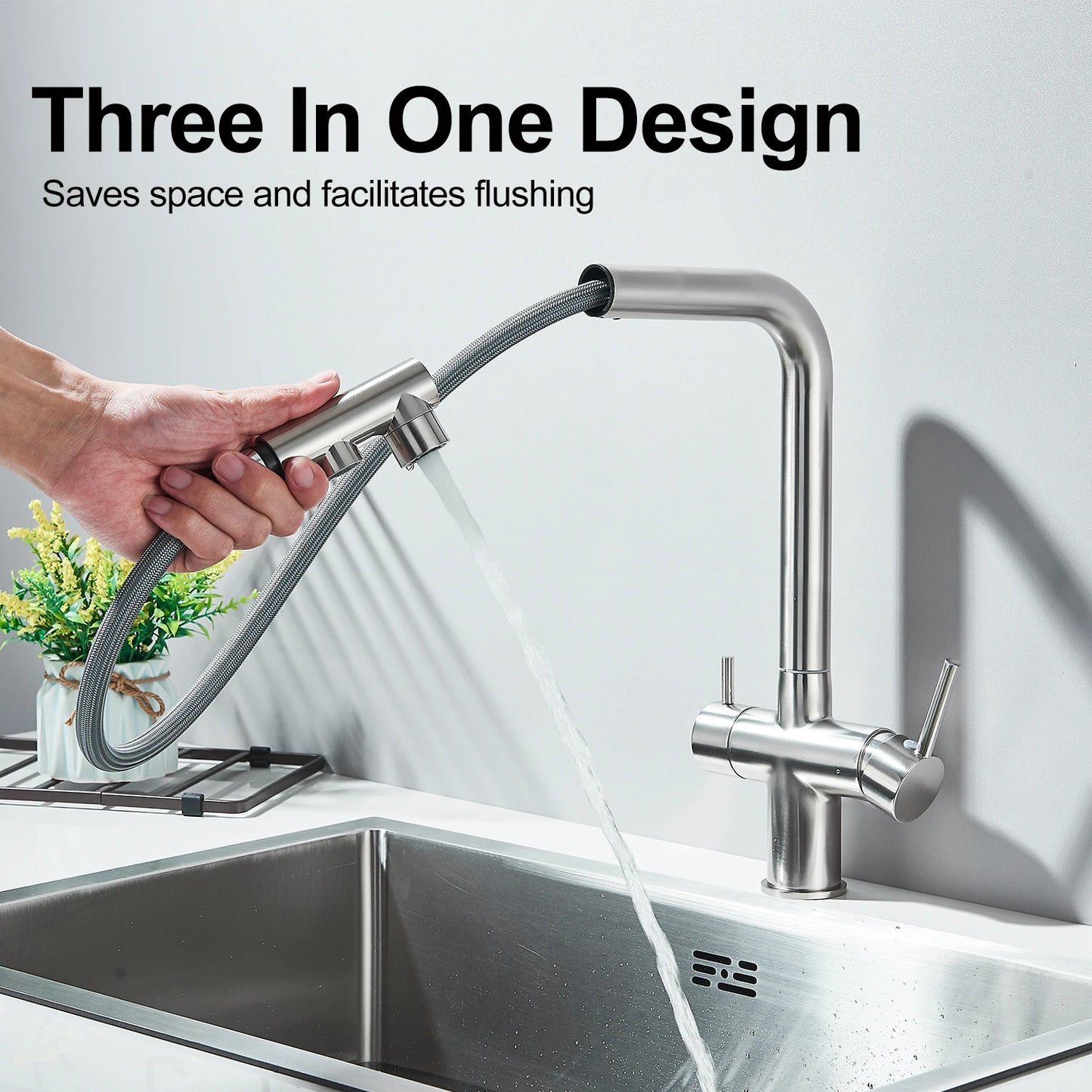 Chrome Black Filter Pull Out Kitchen Faucet Deck Mount 360 Degree Rotation Purified Tapware Cold Hot Crane Tap Dual Spouts Drink