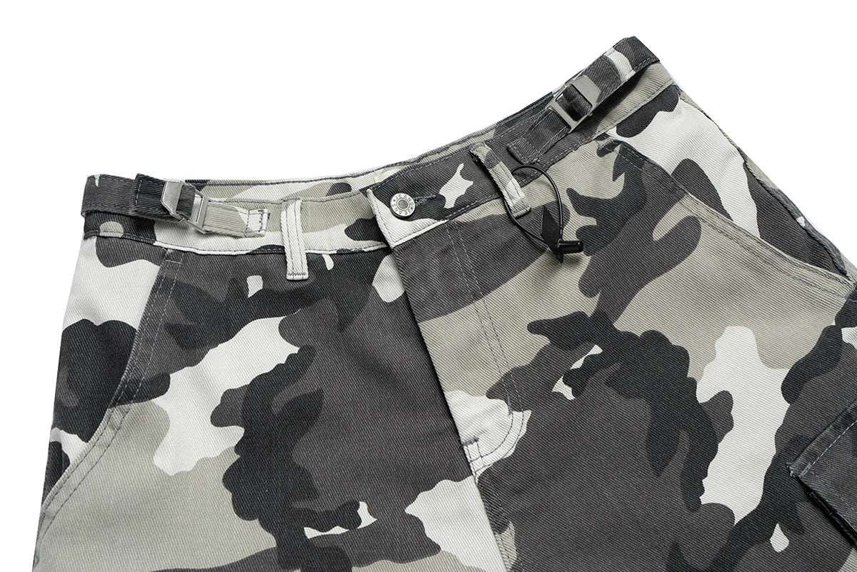 Fake Two Piece Spliced Camouflage Cargo Shorts for Men Wide Leg Patchwork Baggy Over Knee Length Pants Oversized Loose Short