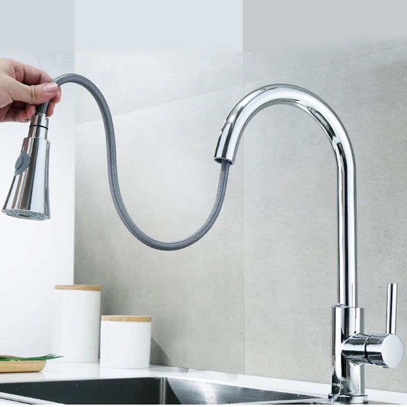Black/Matte White Kitchen Faucet Single Hole Pull Out Stream Sprayer Head Sink Mixer Tap Deck Mounted Cold Hot Water Chrome Tap