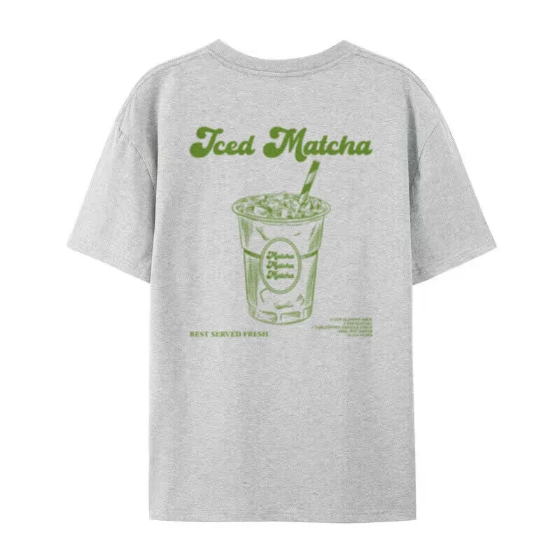 Iced Matcha Graphic Top Tees Short Sleeve Retro Aesthetic T-Shirts Cute Matcha Lover T Shirt Women Oversized Streetwear Clothing