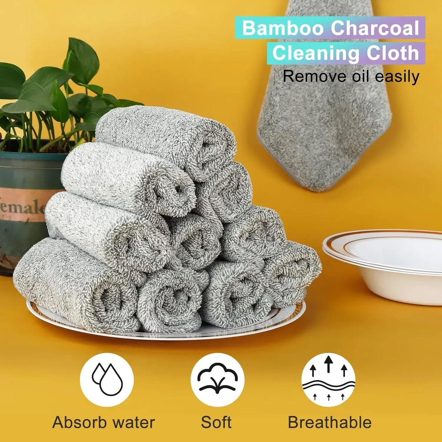 1/5PCS Thickened Gray Bamboo Charcoal Super Absorbent Dishcloth Anti-grease Kitchen Wiping Rags Microfiber Cleaning Cloths
