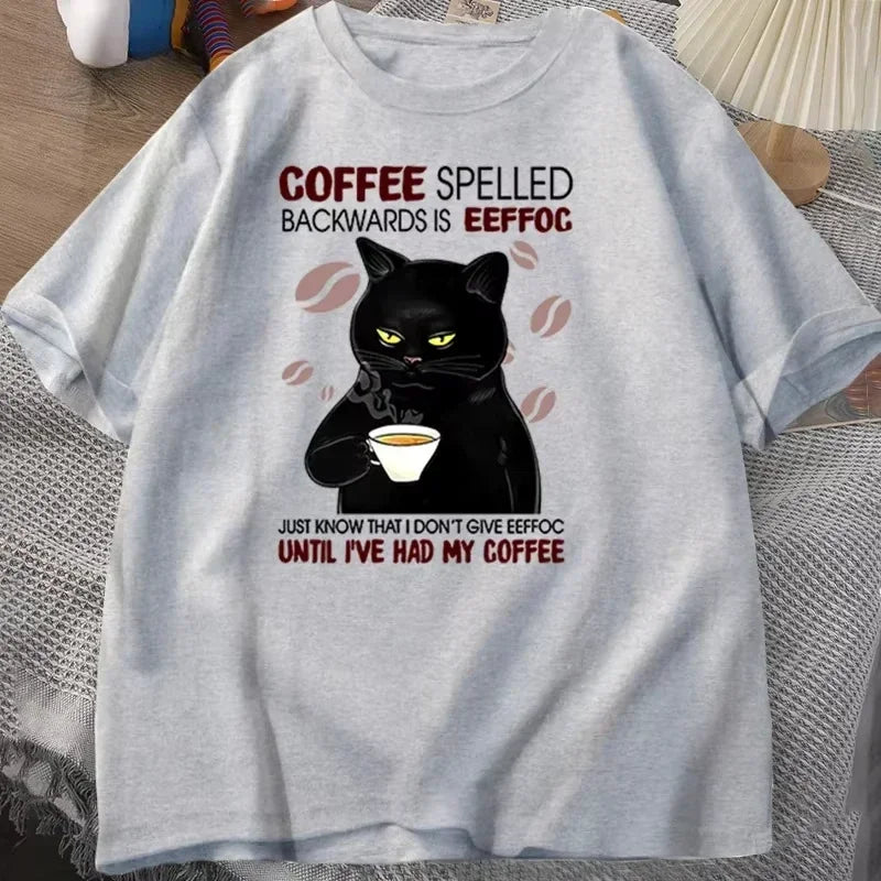 Coffee Spelled Backwards Cat T-shirt Funny Cute Graphic Tees Summer Unisex ONcek T Shirt Oversized Womens Clothes Oversized