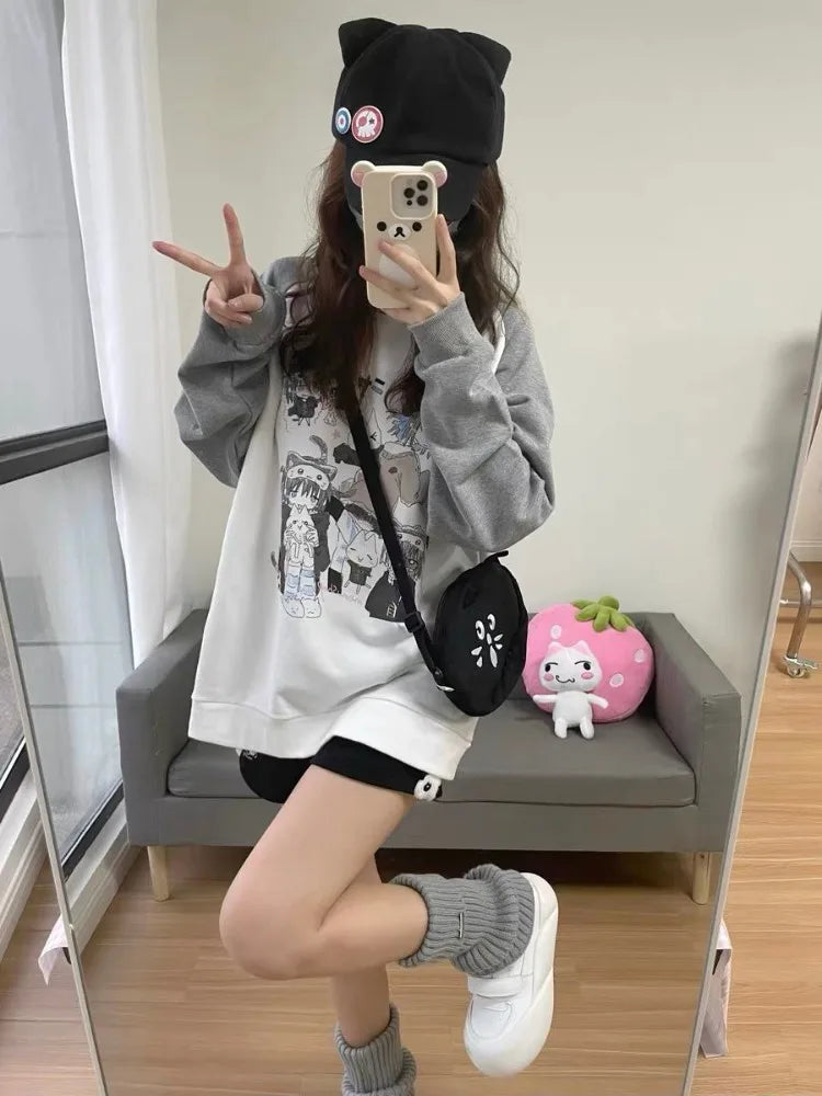 Cotton Cat Print Hoodies Women Streetwear Chic Long Sleeve Sweatshirts Casual Korean Oversized Hoodie Y2k Tops 2025 Ropa Mujer